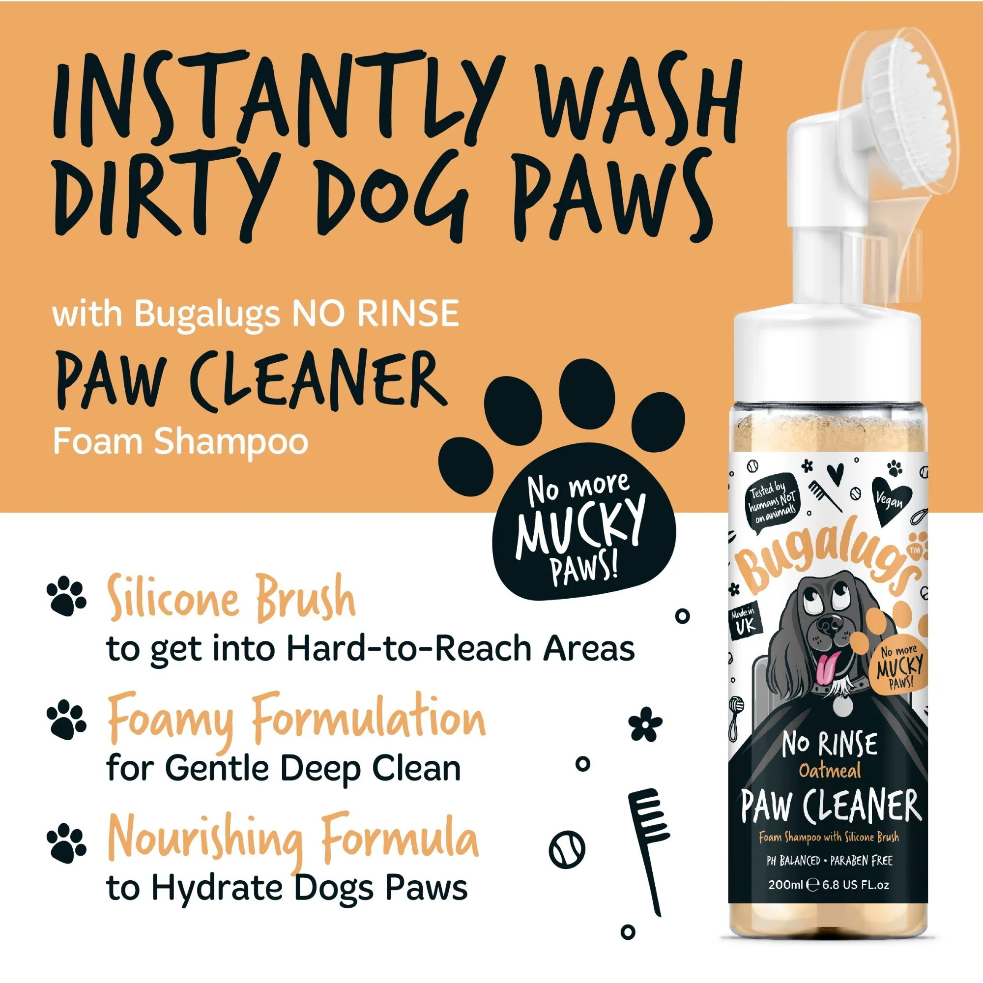 Bugalugs No Rinse Paw Cleaner Foam Shampoo 200ml - Oatmeal - Image 2