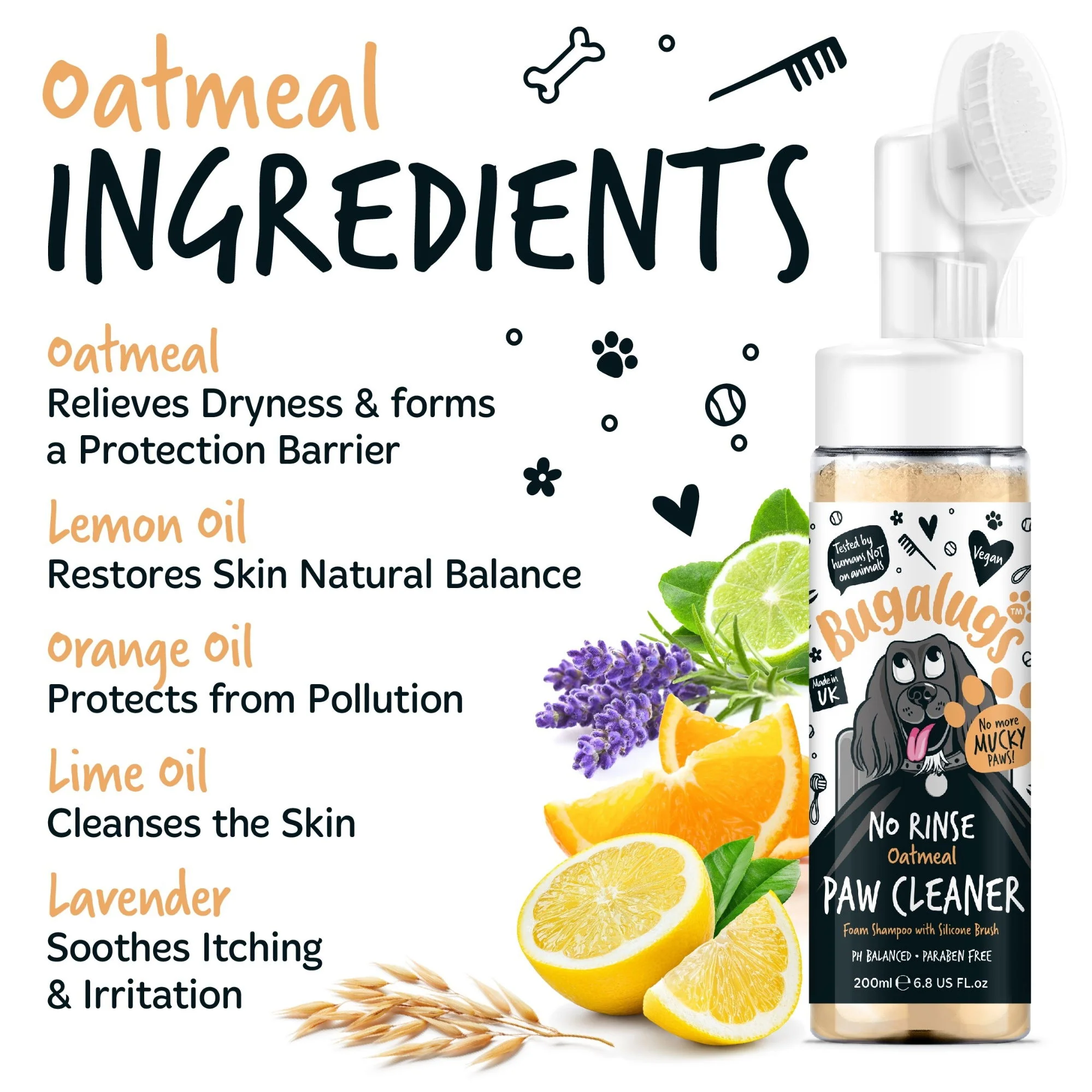Bugalugs No Rinse Paw Cleaner Foam Shampoo 200ml - Oatmeal - Image 3