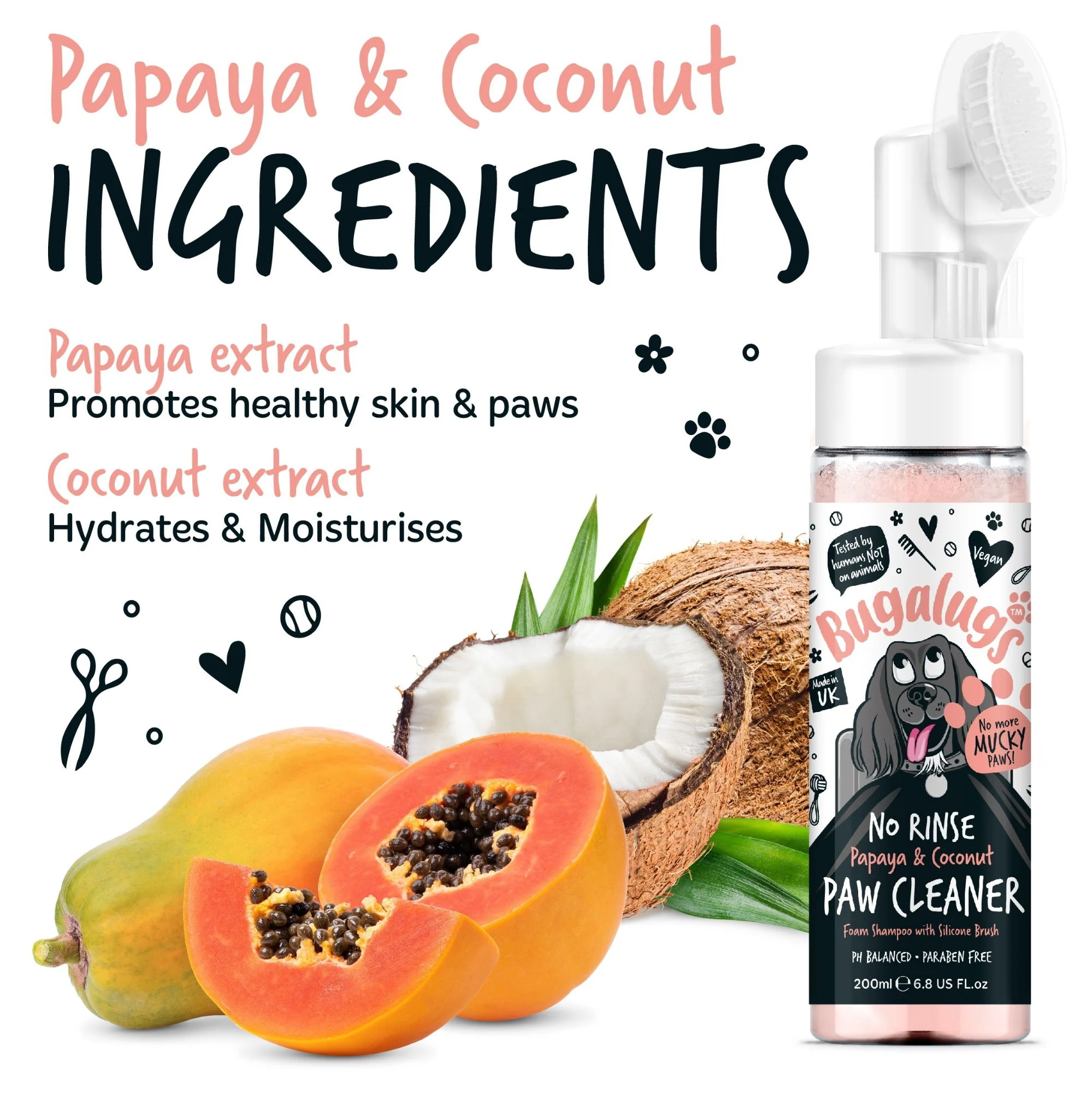Bugalugs Paw Cleaner Foam Shampoo 200ml - Papaya & Coconut - Image 2