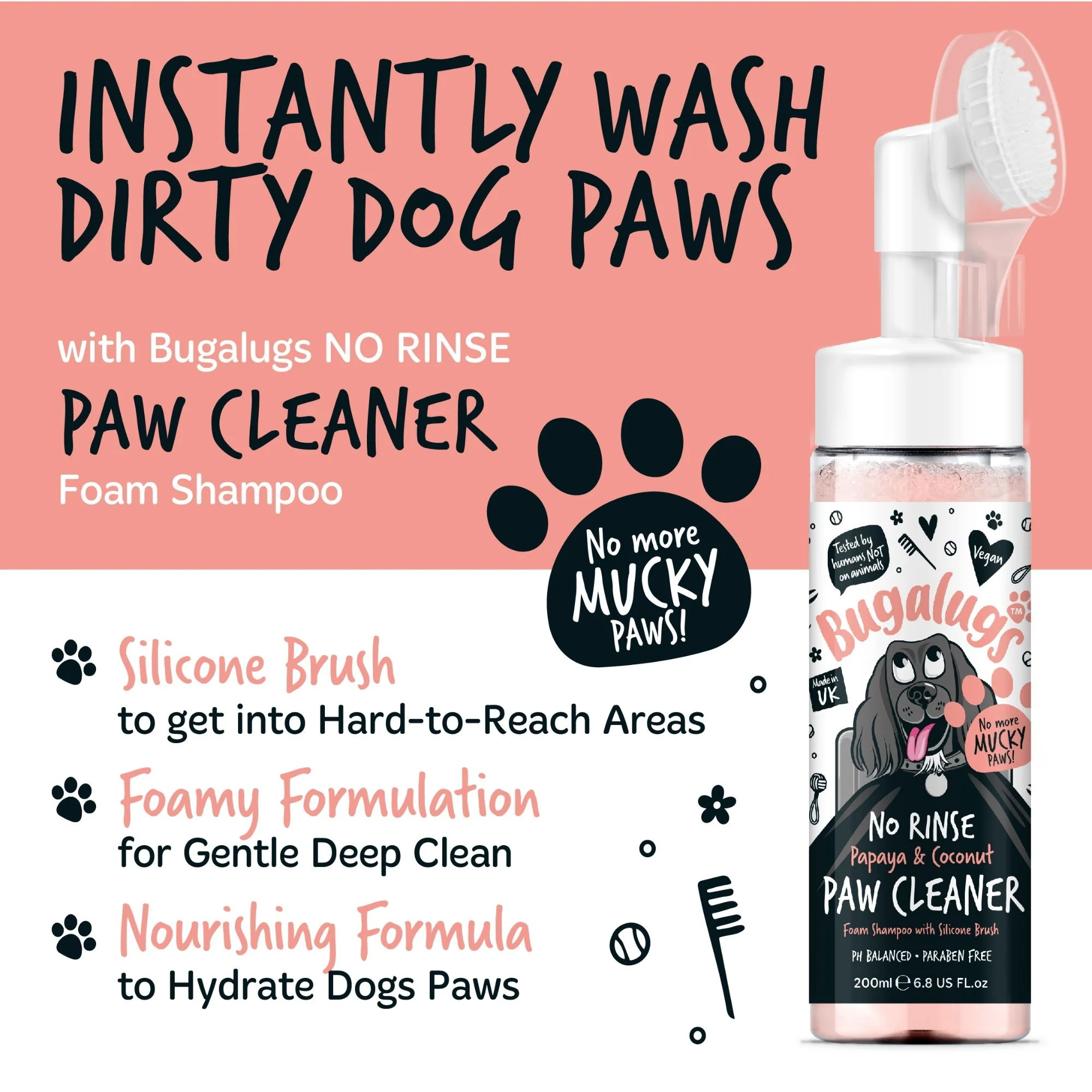 Bugalugs Paw Cleaner Foam Shampoo 200ml - Papaya & Coconut - Image 3