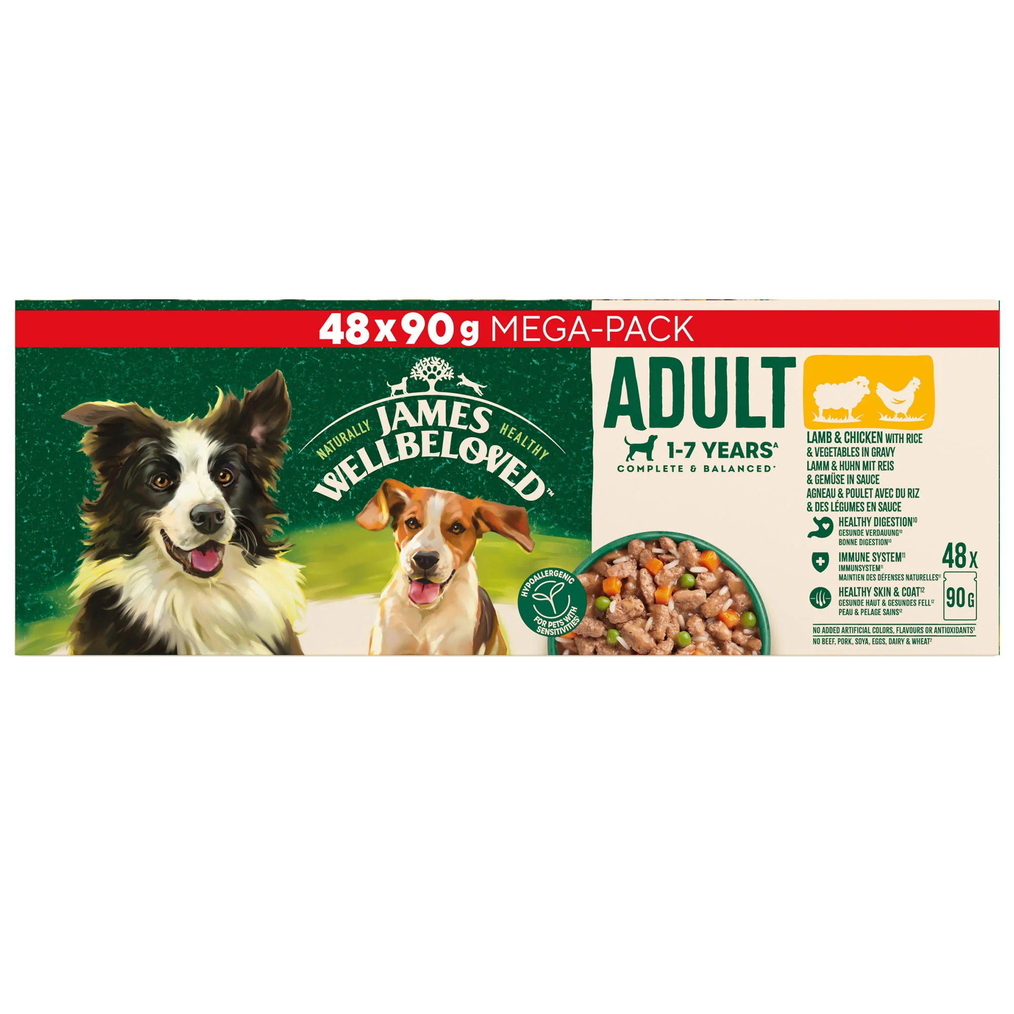 James Wellbeloved Adult Wet Dog Food Lamb Chicken & Rice Pack Pouch 48x90g - Image 2
