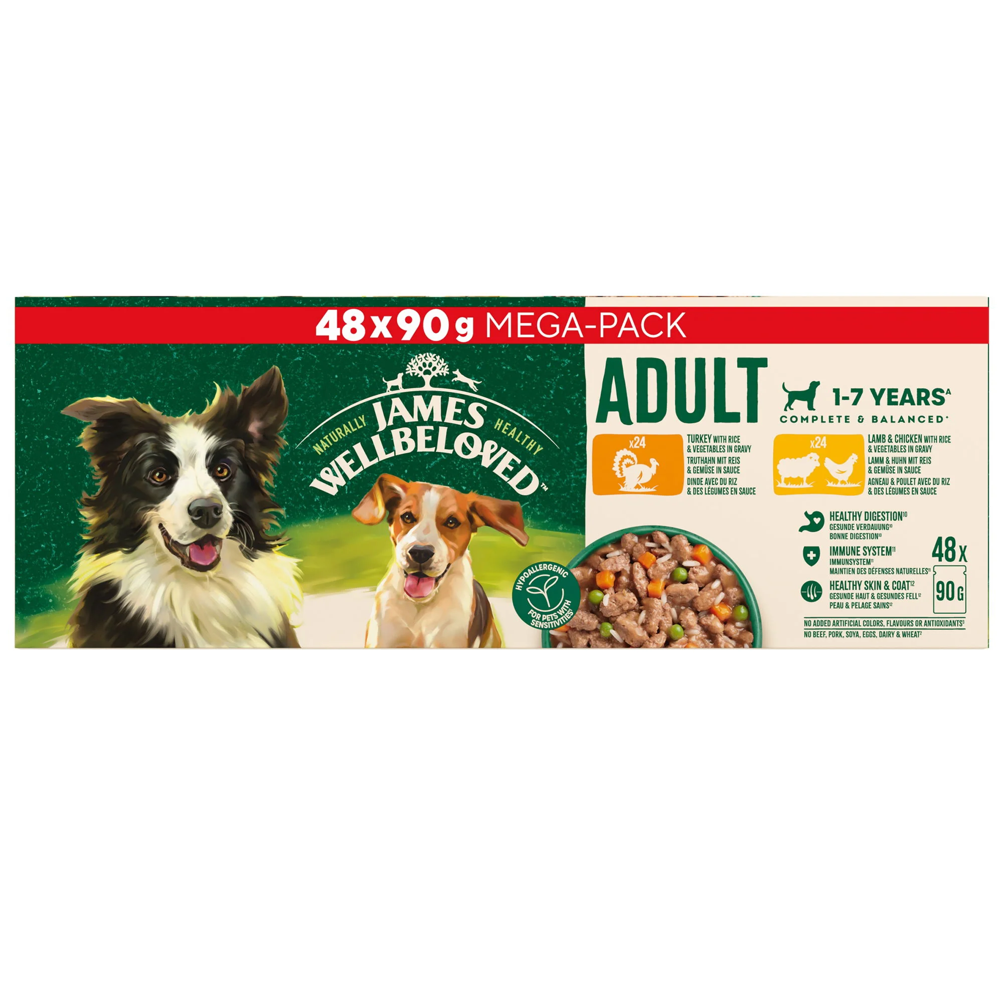 James Wellbeloved Adult Wet Dog Food Turkey & Rice Mega Pack Pouch 48x90g - Image 2