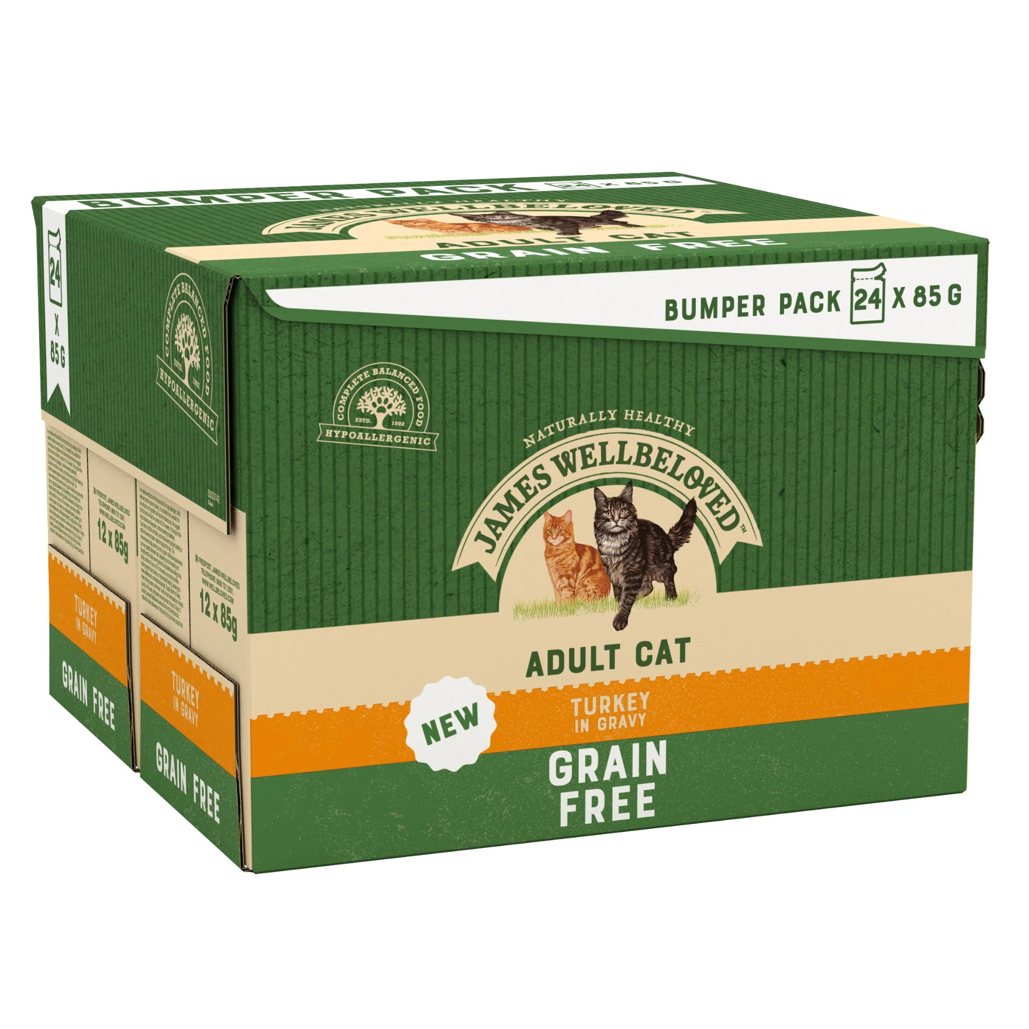 James Wellbeloved Grain Free Adult Cat Wet Food Pouch Turkey in Gravy 24x85g