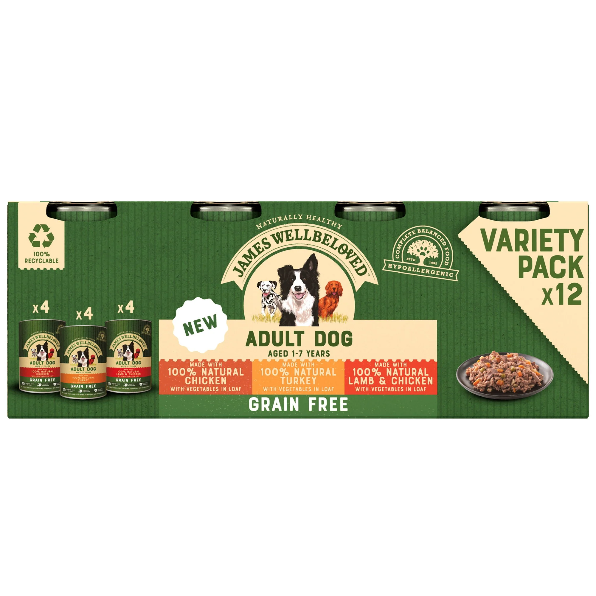 James Wellbeloved Grain Free Adult Wet Dog Food Tins Turkey Lamb & Chicken in Loaf 12 x 400g - Image 2