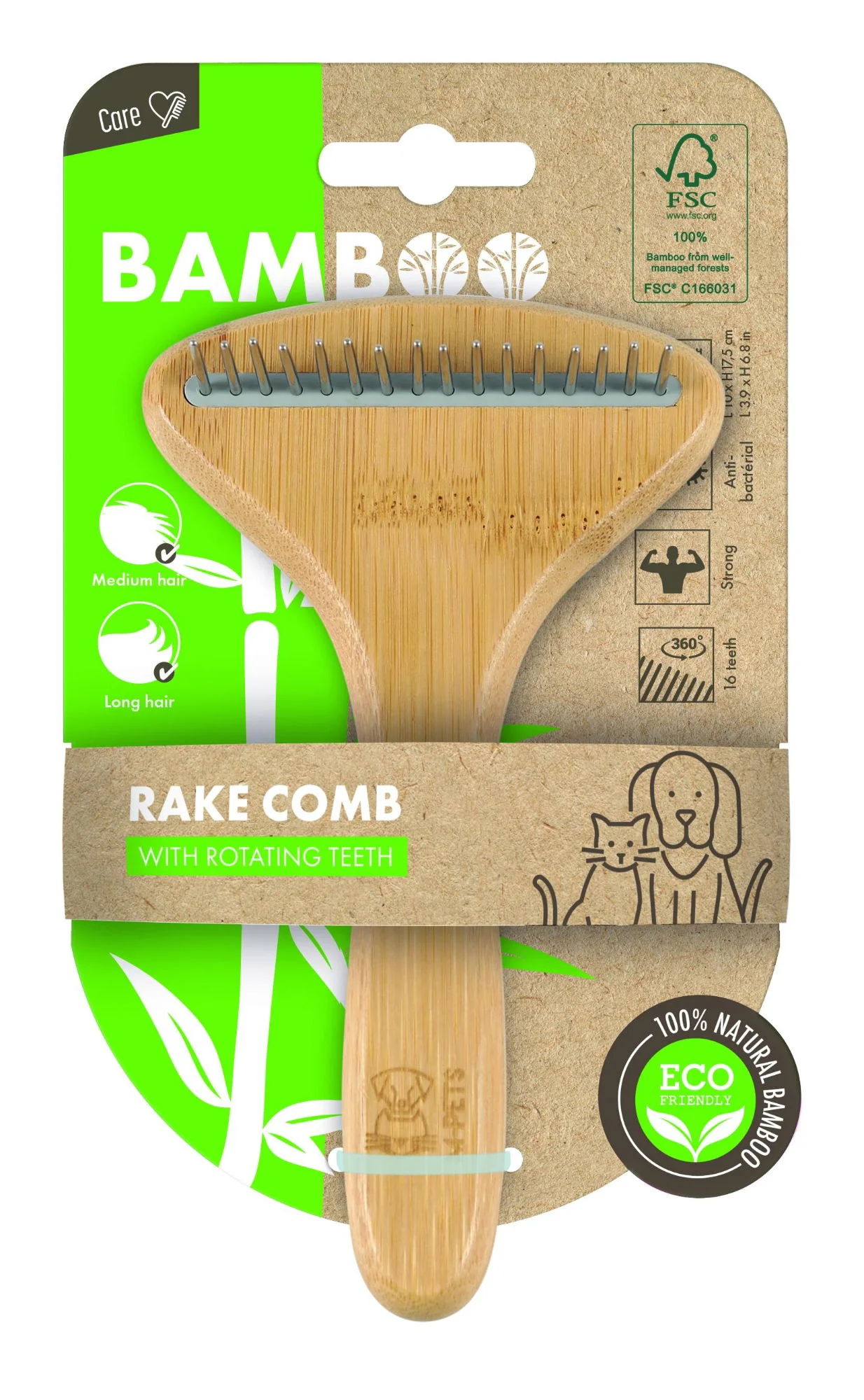 M-PETS Bamboo Rake Comb With Rotating Teeth - 16 Teeth