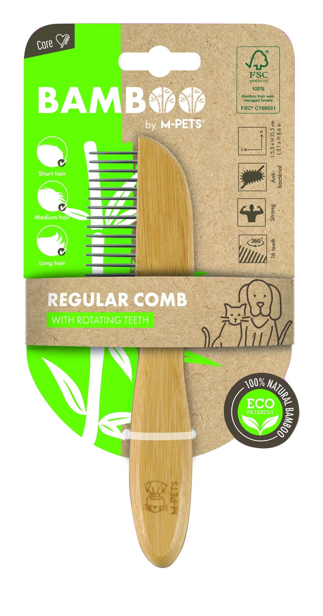 M-PETS Bamboo Regular Comb With Rotating Teeth - 16 Teeth