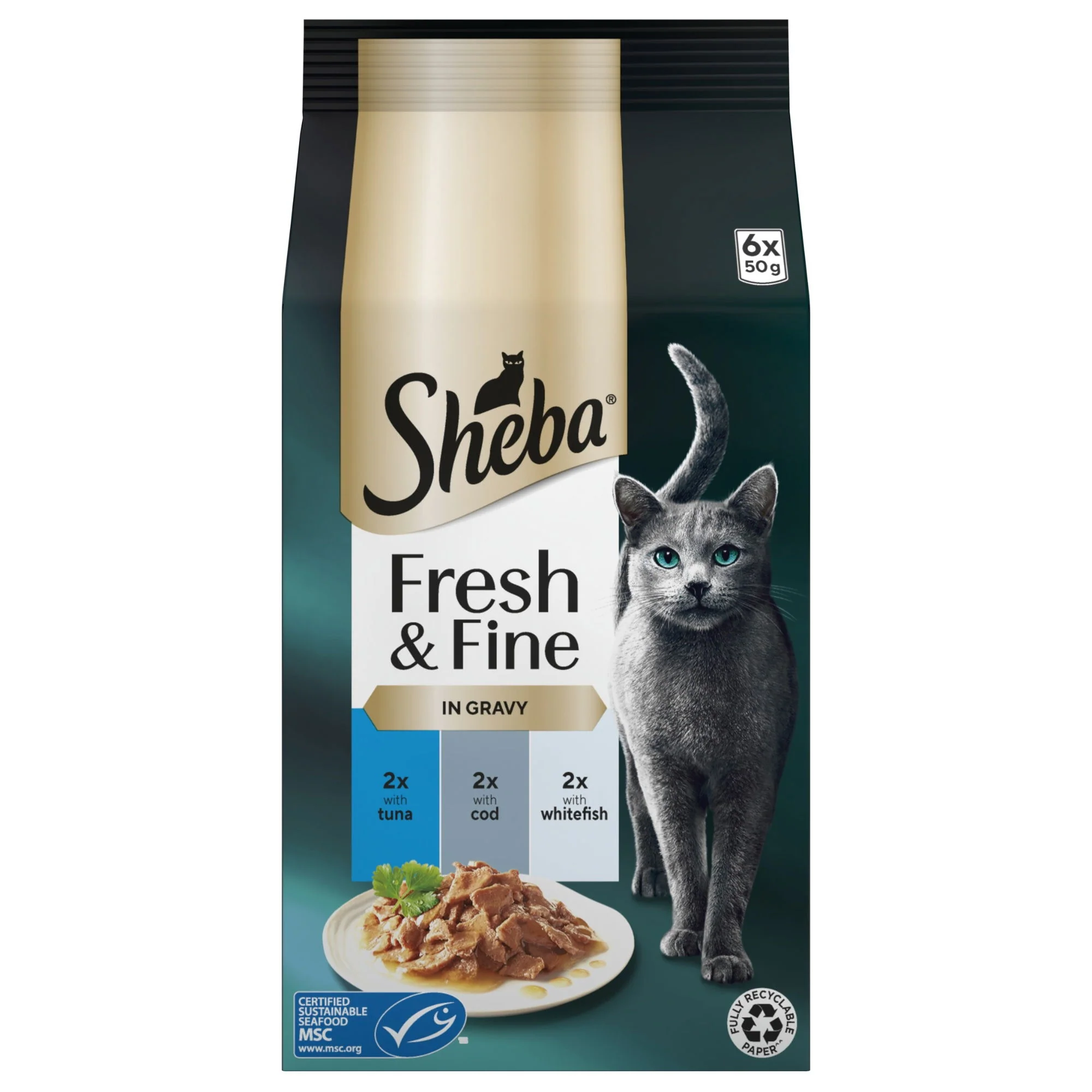 SHEBA Fresh & Fine Cat Pouches with Tuna & Cod & Whitefish in Gravy 6x50g - Image 3