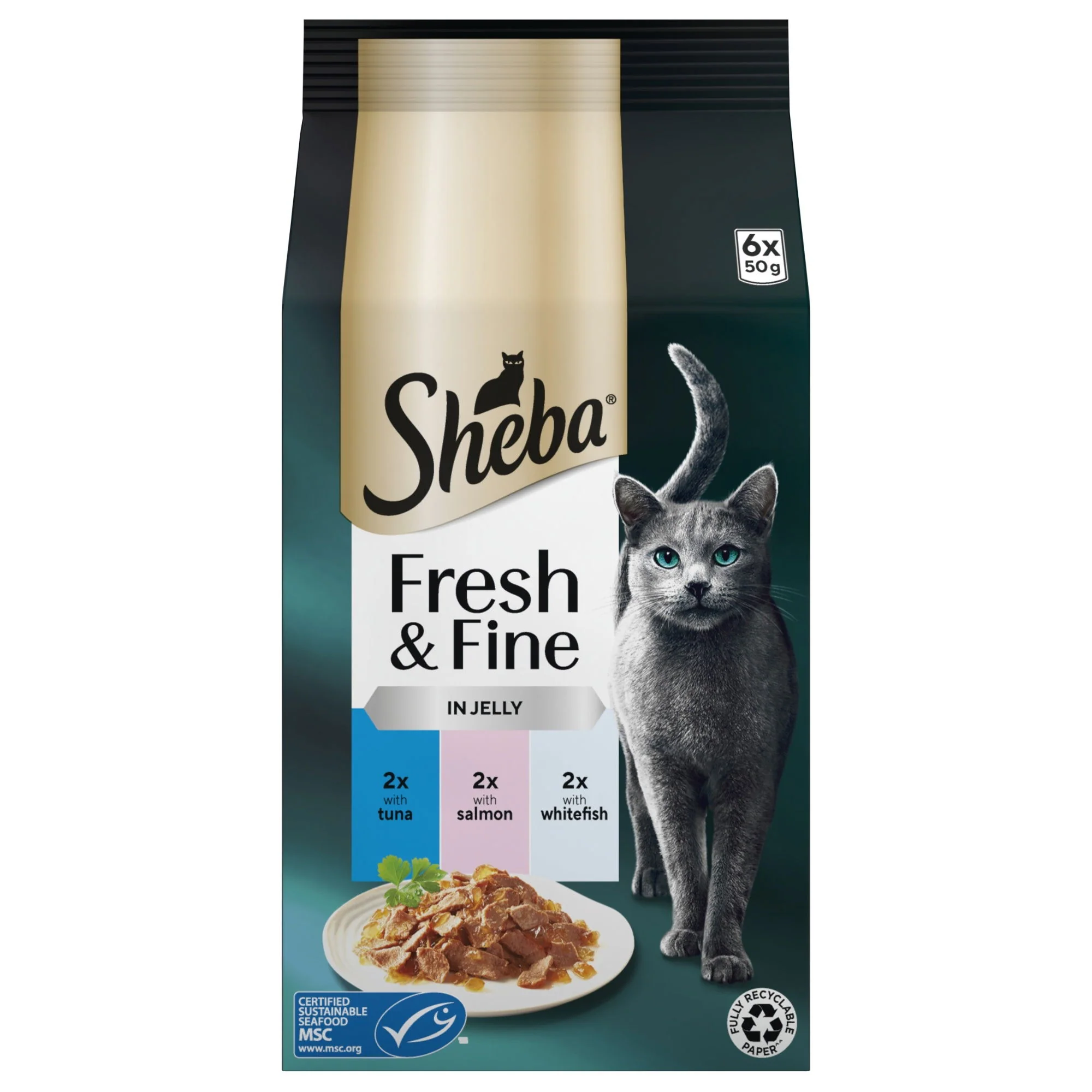 SHEBA Fresh & Fine Cat Pouches with Tuna & Salmon & Trout in Jelly 6x50g - Image 2