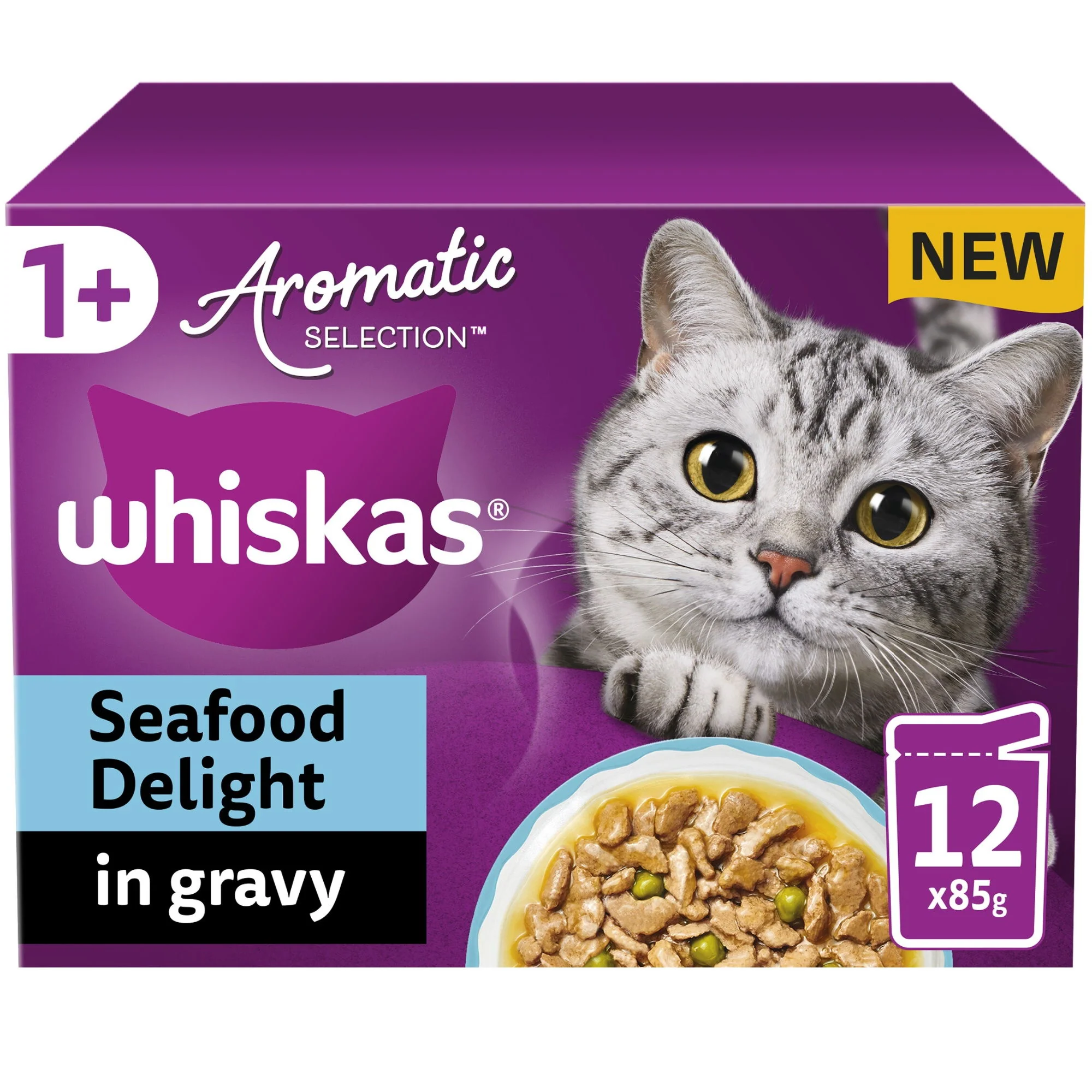 WHISKAS 1+ Cat Pouches Aromatic Seafood in Gravy 12x85g - Image 2