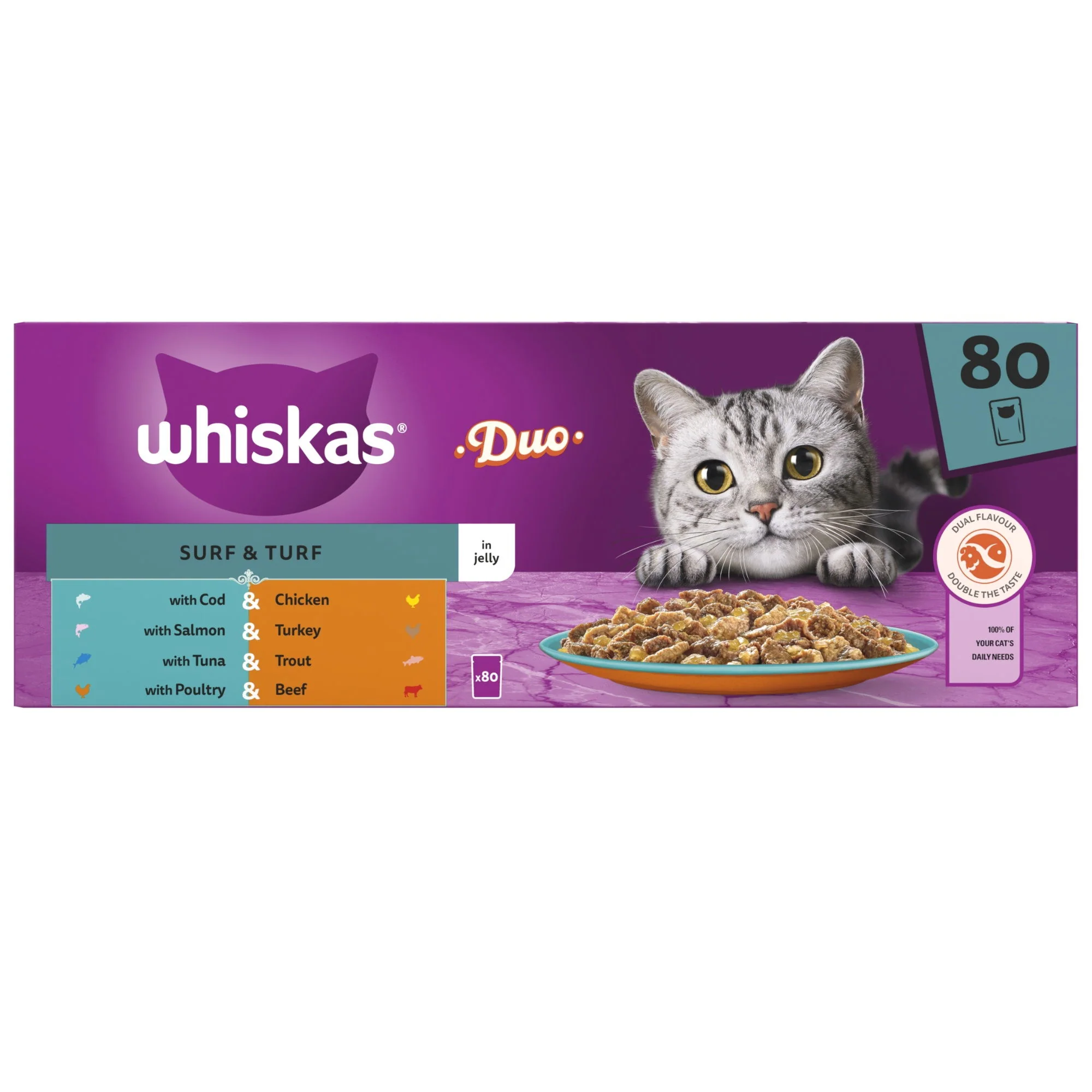 WHISKAS 1+ Cat Pouches Duo Surf & Turf in Jelly 80x85g - Image 3