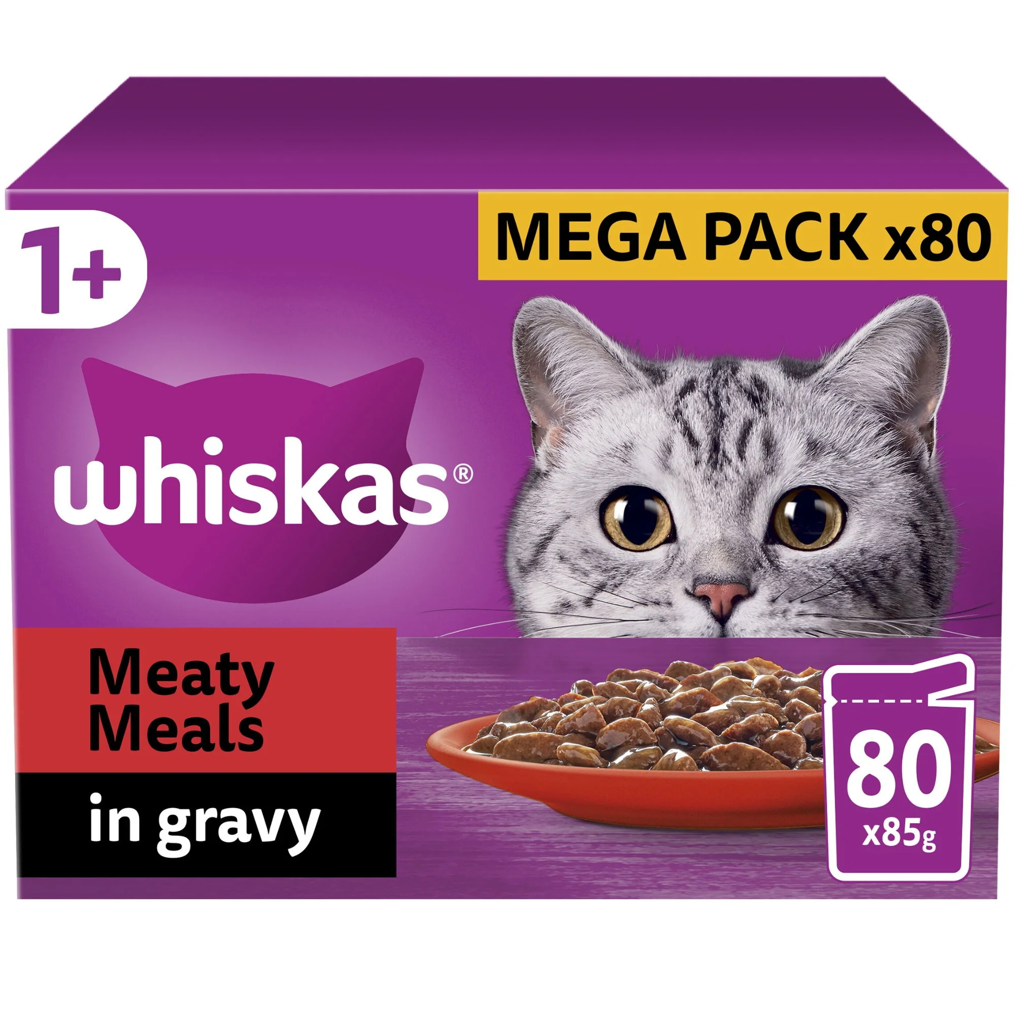 WHISKAS 1+ Cat Pouches Meaty Meals in Gravy 80x85g - Image 2