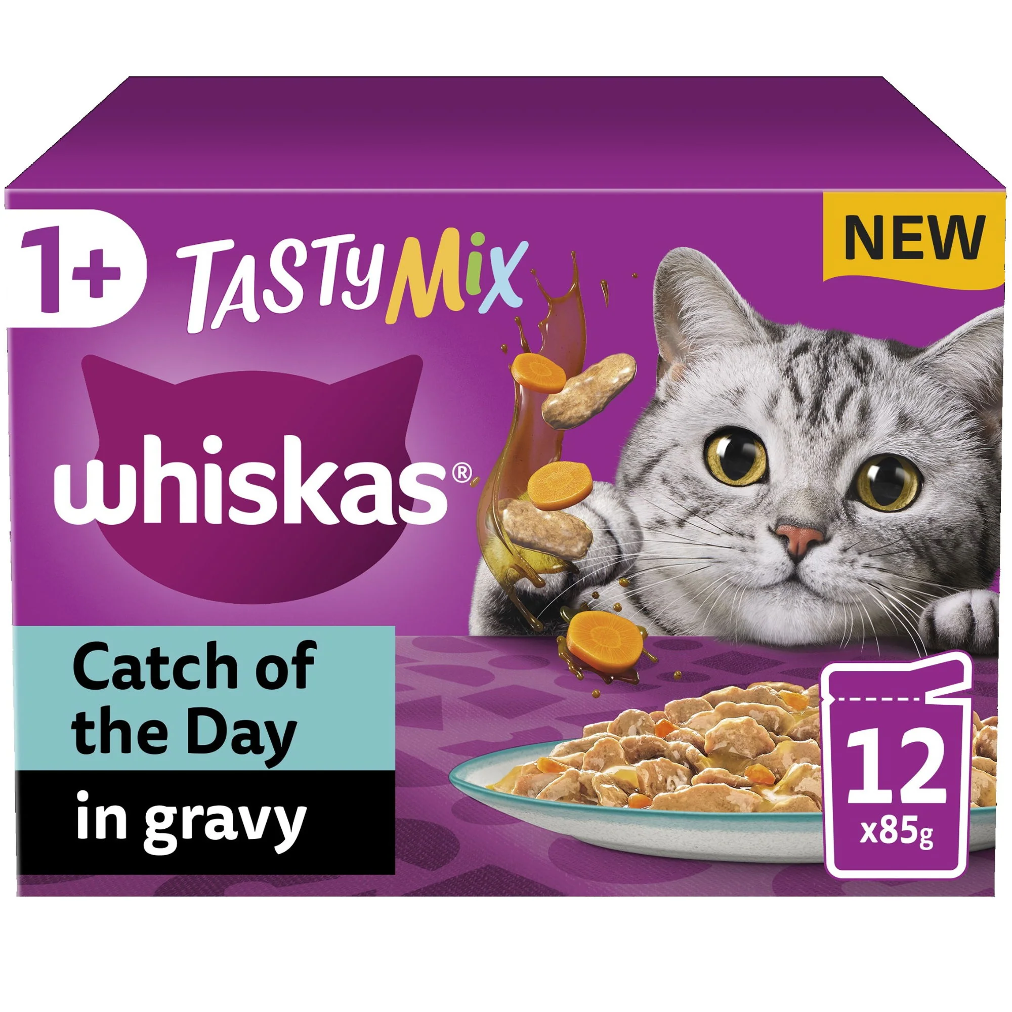 WHISKAS 1+ Catch of the Day Mix Adult Wet Cat Food Pouch in Gravy 12x85g - Image 2