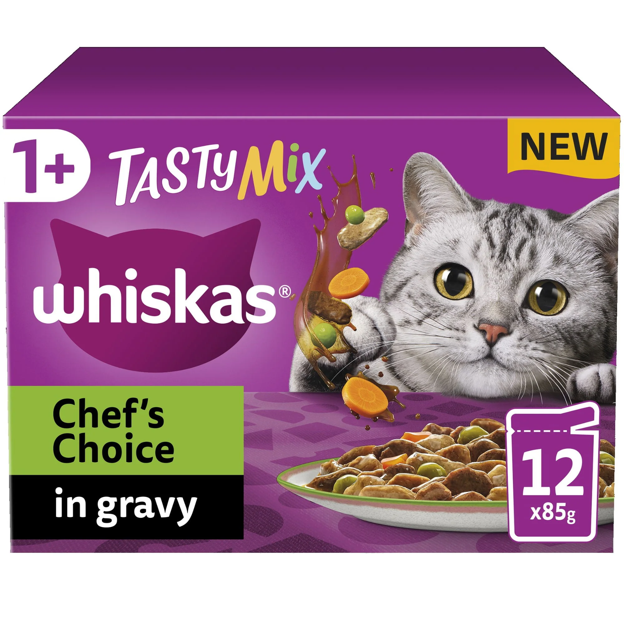 WHISKAS 1+ Chef's Choice Mix Adult Wet Cat Food Pouch in Gravy 12 x 85g - Image 2
