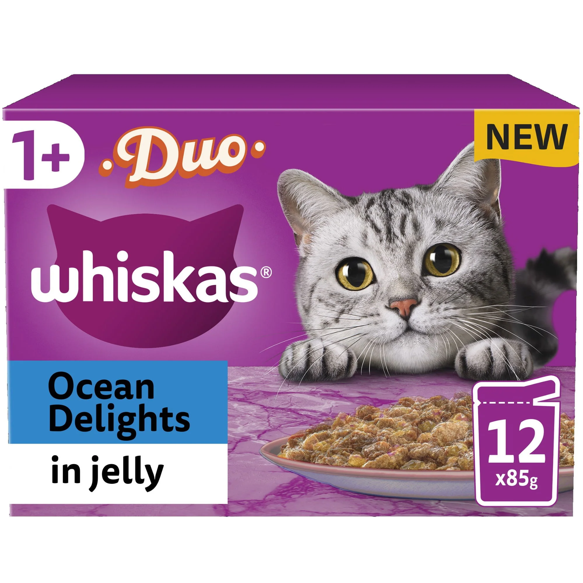 WHISKAS 1+ Duo Ocean Delights Adult Wet Cat Food Pouch in Jelly 12 x 85g - Image 2