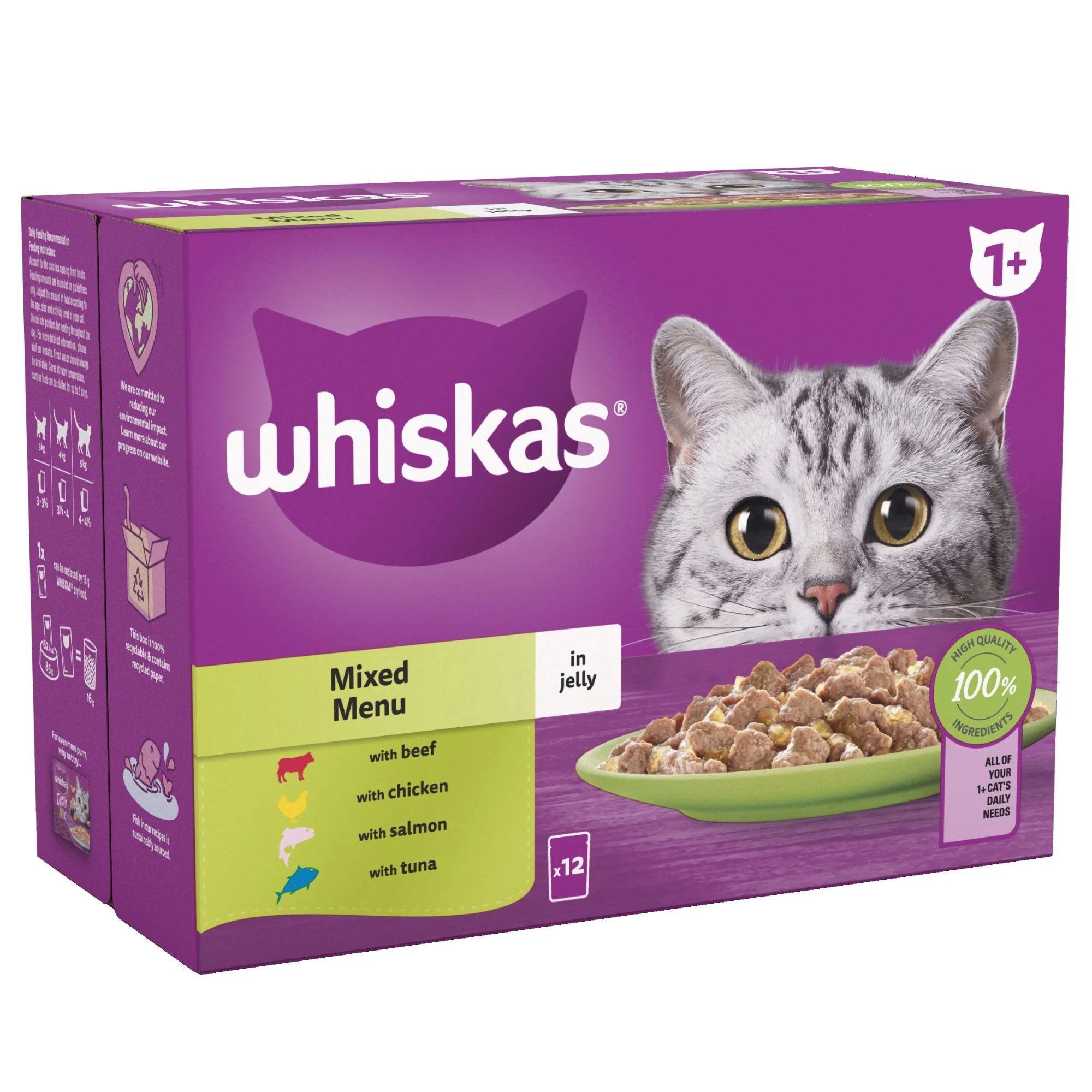 WHISKAS 1+ Mixed Menu Adult Wet Cat Food Pouch in Jelly 12 x 85g