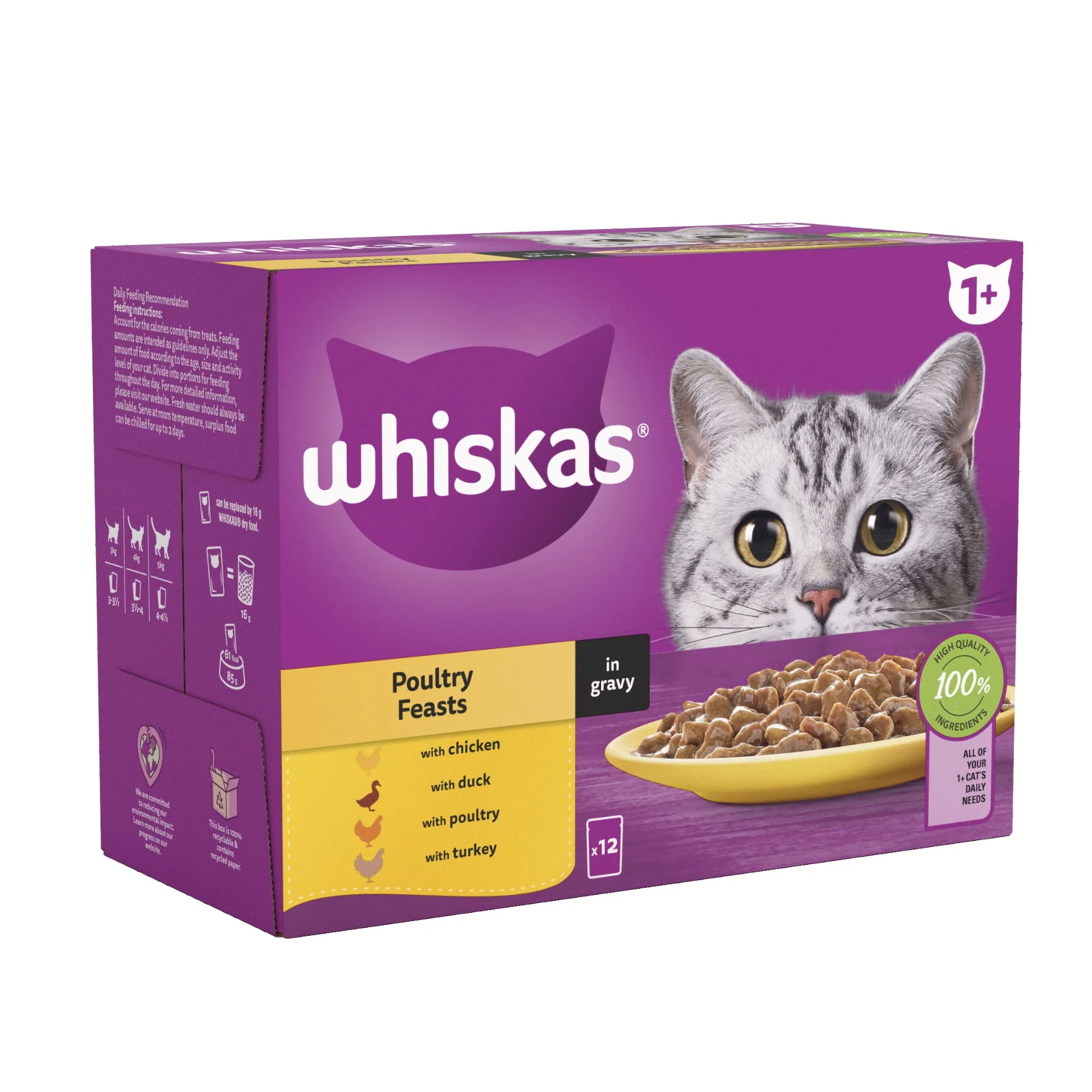WHISKAS 1+ Poultry Feasts Adult Wet Cat Food Pouch in Gravy 12 x 85g