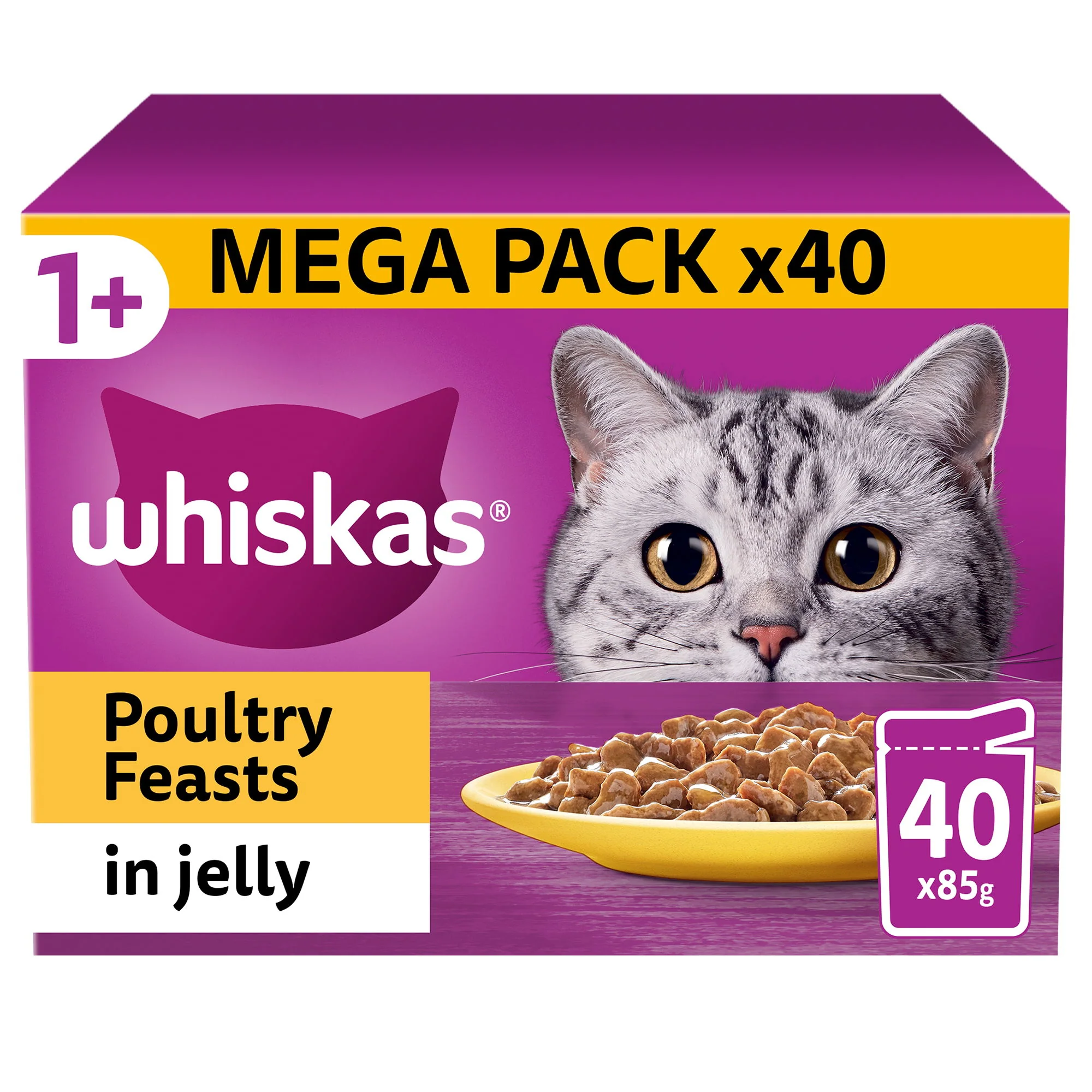 WHISKAS 1+ Poultry Feasts Adult Wet Cat Food Pouch in Jelly 40 x 85g - Image 2