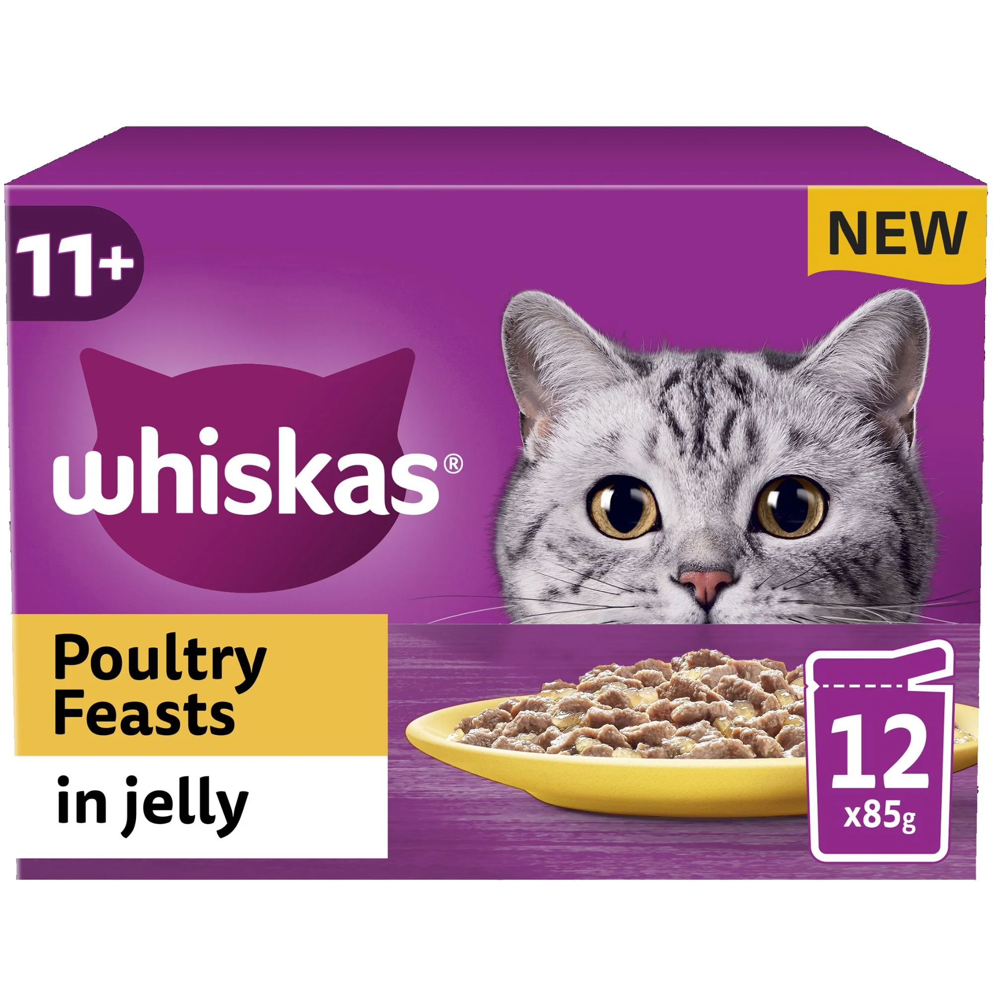 WHISKAS 11+ Poultry Feasts Senior Wet Cat Food Pouch in Jelly 12 x 85g - Image 2