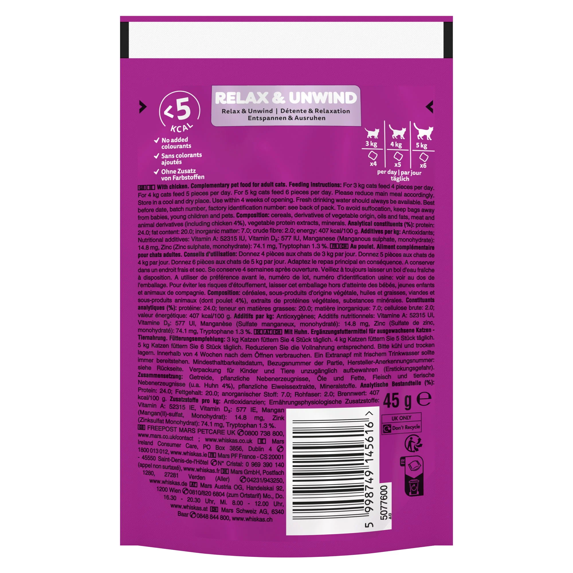 WHISKAS Relax & Unwind Adult Cat Treats with Chicken 45g - Image 2